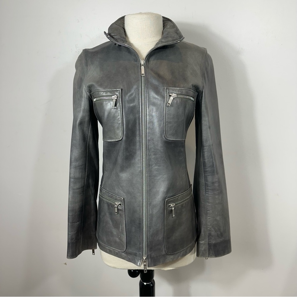 Celine Vintage Grey Lambskin Leather Zip Up Hooded Jacket Size Small